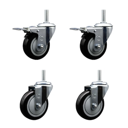 Service Caster 4 Inch Black Polyurethane Swivel 34 Inch Threaded Stem Caster Set 2 Total Lock Brakes SCC-TSTTL20S414-PPUB-BLK-34212-2-S-2